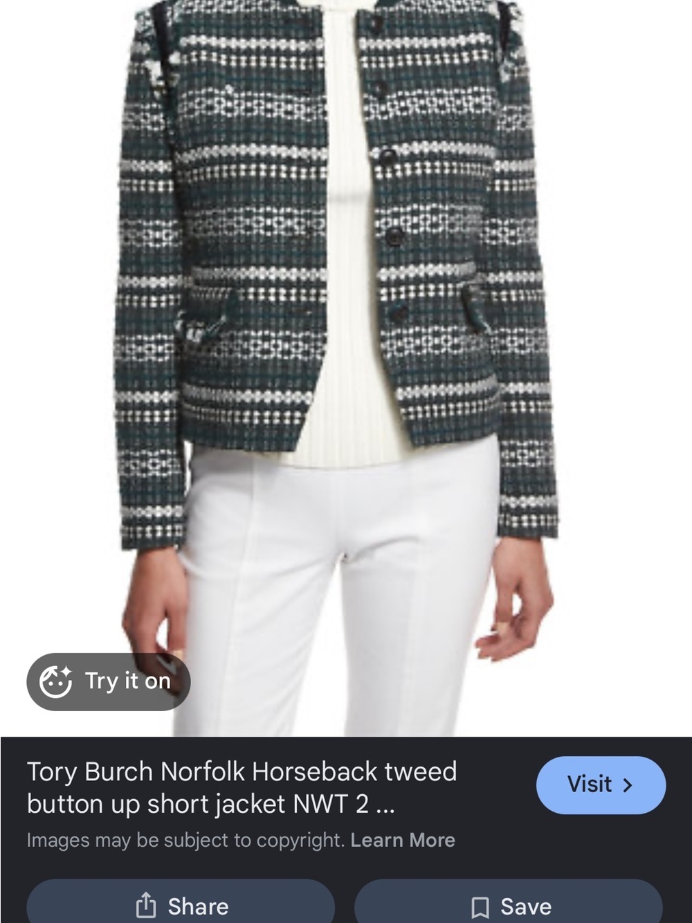 Tory Burch Green and White Tweed Short Jacket